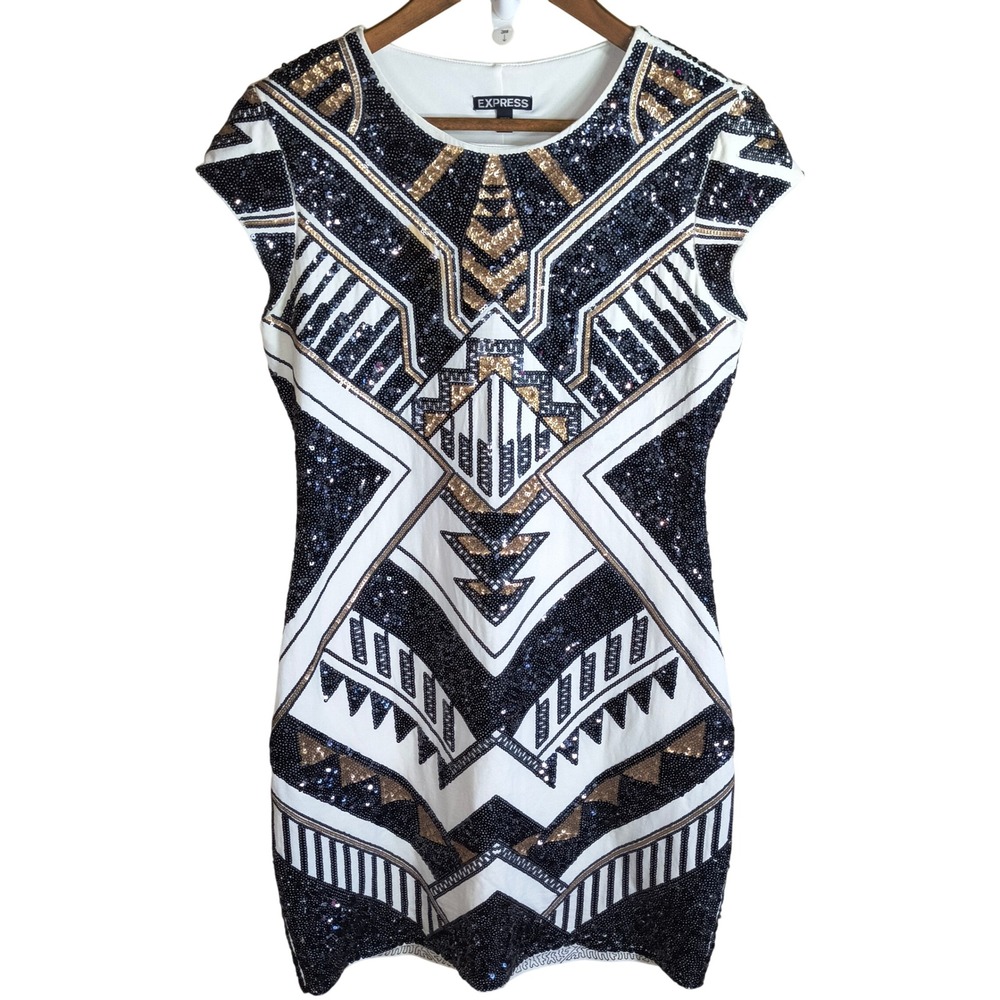 Express Womens Sequin Bodycon Dress Art Deco Geometric Black Gold White Medium